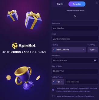 Register at SpinBet – claim up to €6000 and 100 free spins on sign-up SpinBet registration form with €6000 bonus and 100 free spins offer